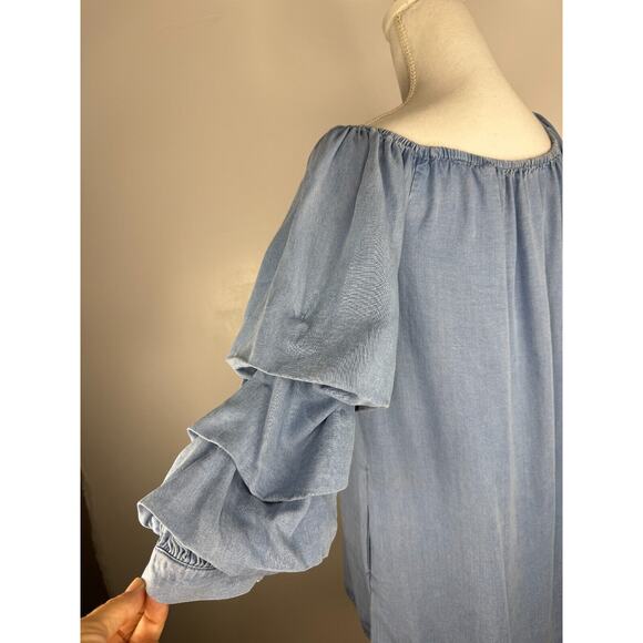 Zara Chambray Off Shoulder Ruffle Sleeve Mini Dress Size Small - Picture 4 of 8